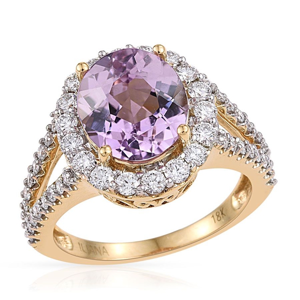 ILIANA 18K Y Gold AAAA Kunzite (Ovl 5.50 Ct), Diamond (SI-G-H) Ring 6.750 Ct.