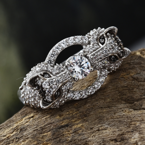 J Francis - Platinum Overlay Sterling Silver (Rnd) Leopard Ring Made with Finest CZ. Silver wt 6.68 Gms. Number of  123.