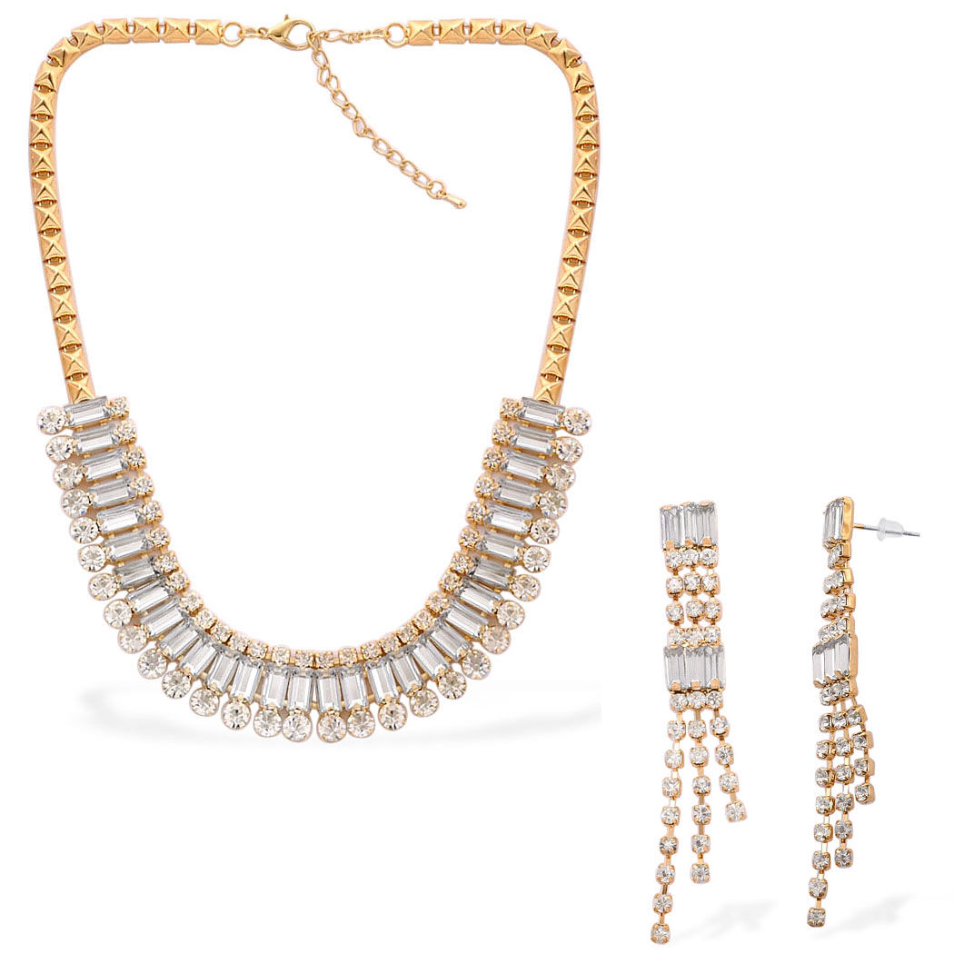 White Austrian Crystal and Simulated White Stone Necklace (Size 20) and Earrings (with Push Back) in