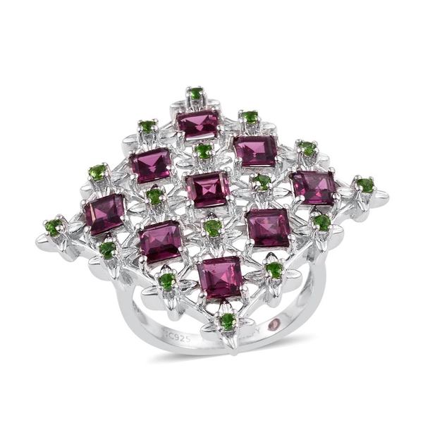 Stefy Rhodolite Garnet (Sqr), Chrome Diopside and Pink Sapphire Ring in Platinum Overlay Sterling Si