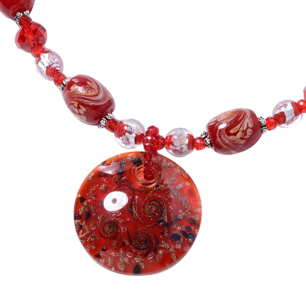 Red Murano Style Glass and Simulated Ruby Beads Necklace (Size 28 with 3 inch Extender) in Silver Plated