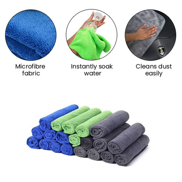 Set of 20 - Multi Purpose Microfibre Cloths (40x40cm) in Blue (8pcs), Dark Grey (8pcs) and Green (4pcs)