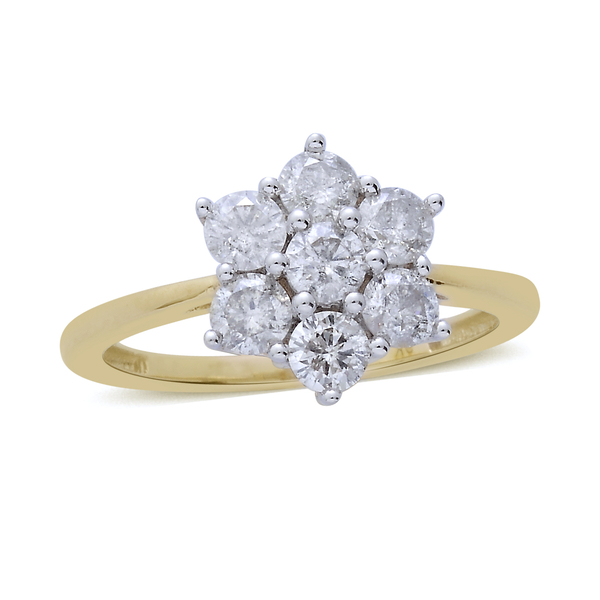 9K Yellow Gold SGL Certified 1 Carat Diamond (Rnd) (I3/G-H) 7 Stone Floral Ring.