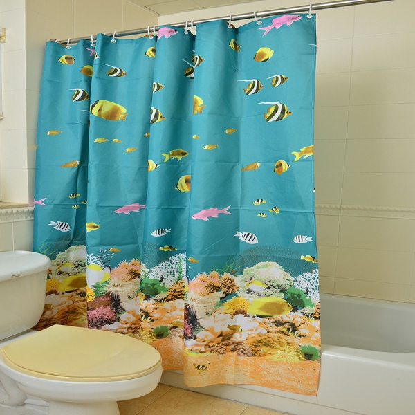 Turquoise, Green and Multi Colour Fishes Pattern Water Proof Shower Curtain (Size 180X180 Cm) with 1