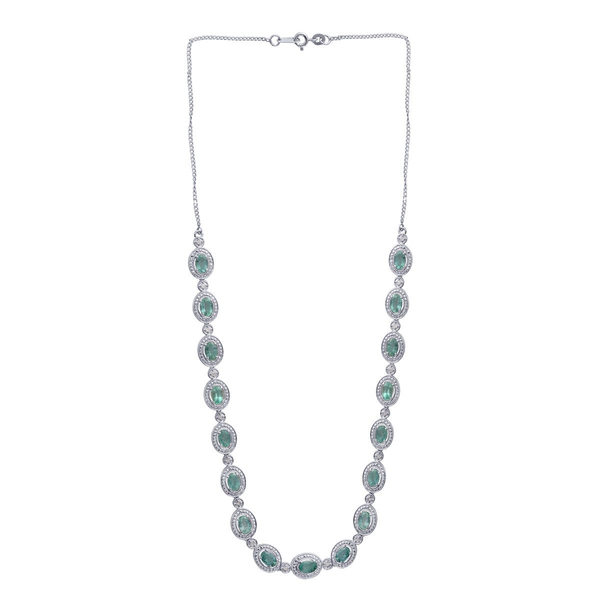 AAA Kagem Zambian Emerald (Ovl), Diamond Necklace (Size 18) in Platinum Overlay Sterling Silver 7.25