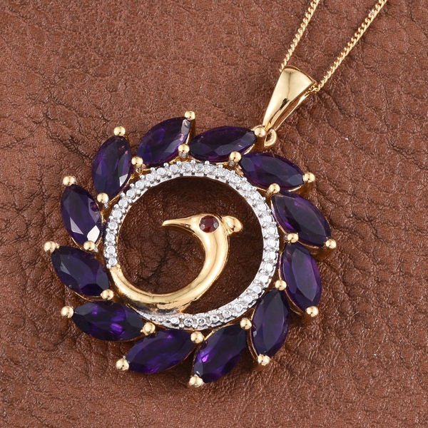 Amethyst (Mrq), Mozambique Garnet Peacock Pendant With Chain in 14K Gold Overlay Sterling Silver 6.500 Ct.