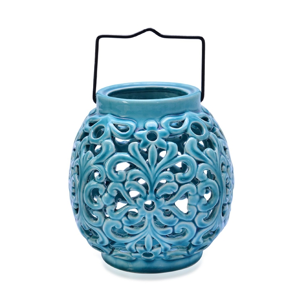 Hand Made Flower Pattern Blue Colour Ceramic Outdoor Candle Holder-Lantern