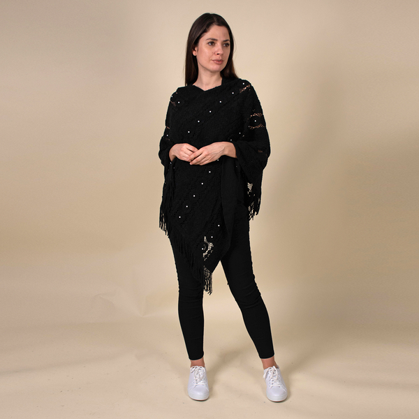 TAMSY 100% Acrylic Knitted Poncho with Embellishment (Size 95x87 Cm) - Black
