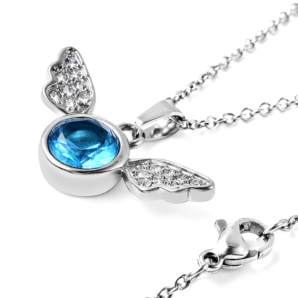 Simulated Blue Sapphire and White Austrian Crystal Pendant with Chain (Size 20) in Silver Tone