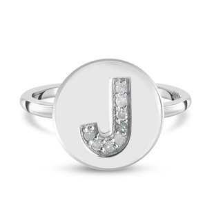 White Diamond Initial-J Ring in Platinum Overlay Sterling Silver