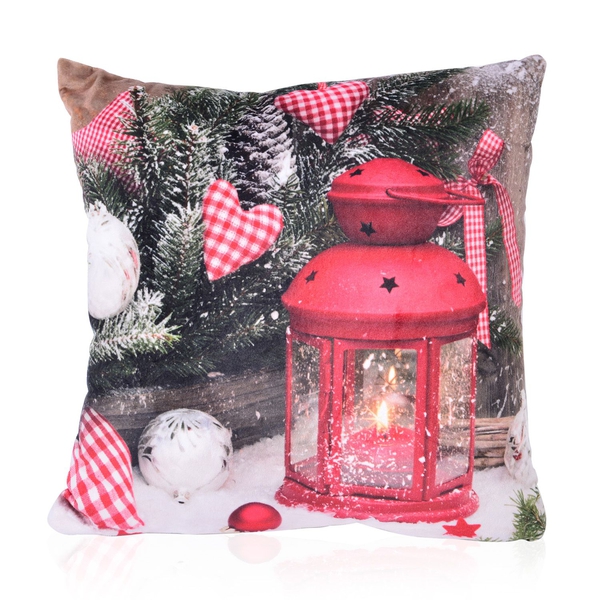 White, Red and Multi Colour Christmas Lantern Theme LED Cushion (Size 40X40 Cm)