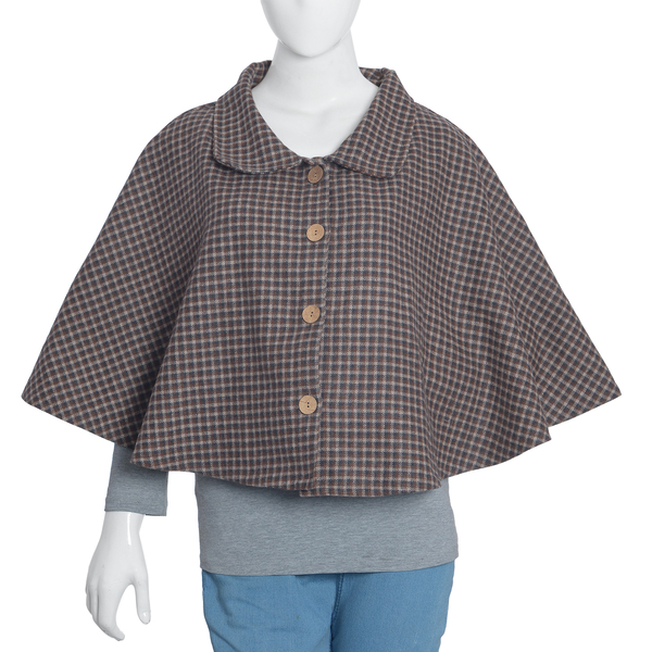 Woollen Brown Check Cape with  Peter Pen Collar and Wooden Buttons One Size