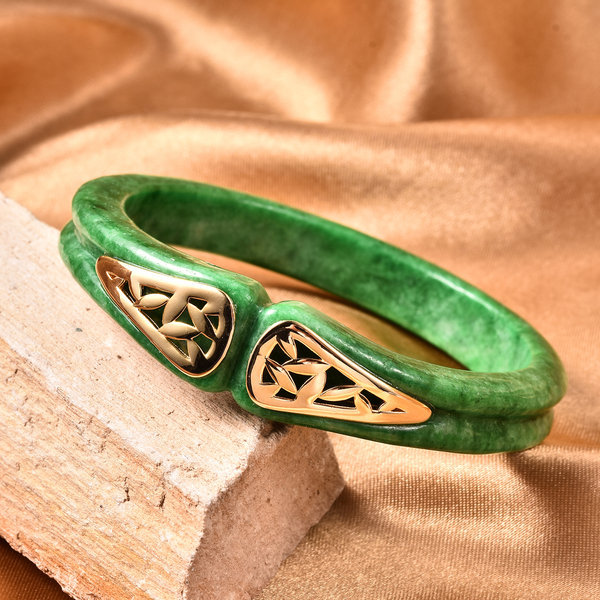 Green Jade Bangle (Size 7.5) in Yellow Gold Overlay Sterling Silver 245.50 Ct.
