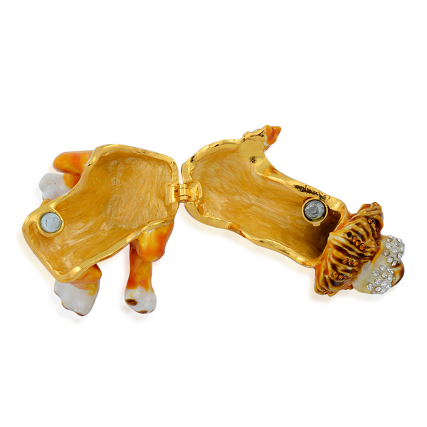 Yellow Colour Enameled Lion Shape Trinket Box in Gold Tone Decorated with Multi Colour Austrian Crystal