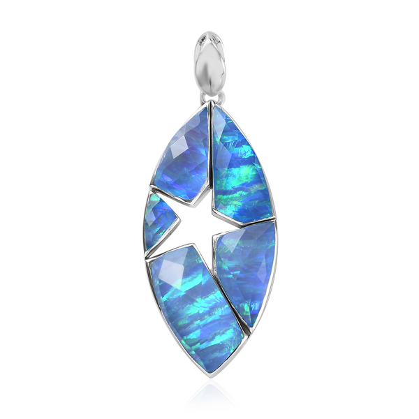 Sajen Silver CELESTIAL COLLECTION- Quartz Doublet Simulated Opal Blue  Pendant in Rhodium Overlay Sterling Silver 14.24 Ct