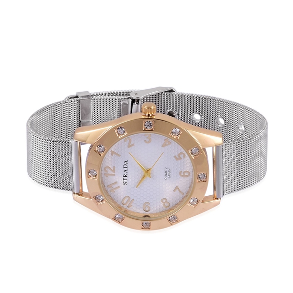 STRADA Japanese Movement White Dial White Austrian Crystal Water Resistant Watch in Gold Tone with Stainless Steel Back and Chain Strap