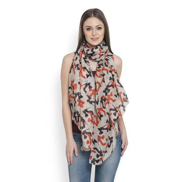 100% Mulberry Silk Orange and Black Colour Abstract Pattern Beige Colour Scarf (Size 175x100 Cm)Scarves
