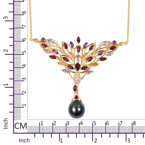 Tahitian Baroque Pearl (11.5-12 mm), Tanzanite and Multi Gemstone Necklace (Size 18) in Yellow Gold Overlay Sterling Silver 17.180 Ct, Silver wt 10.00 Gms.