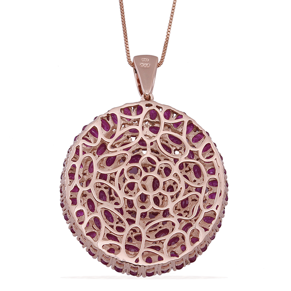 Ruby (Ovl) Cluster Pendant With Box Chain (Size 24) in Rose Gold Overlay Sterling Silver 25.000 Ct.