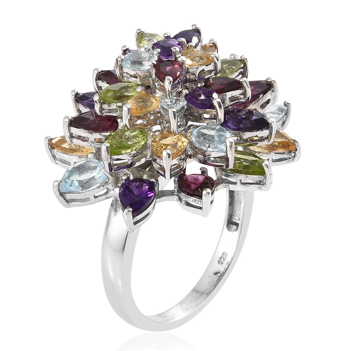 Amethyst (Pear), Hebei Peridot and Multi Gemstone Flower Ring in Platinum Overlay Sterling Silver 10.000 Ct. Silver wt 10.00 Gms.