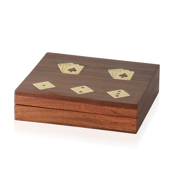 Home Decor - Brass Inlay Indian Rosewood Square Shape Playing Cards and Dice Holder Box (Size 4x15x1