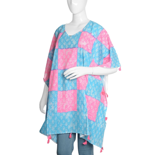 New Season-100% Cotton Blue, Pink and White Colour Hand Block Paisley Printed Kaftan with Tassels (Free Size)