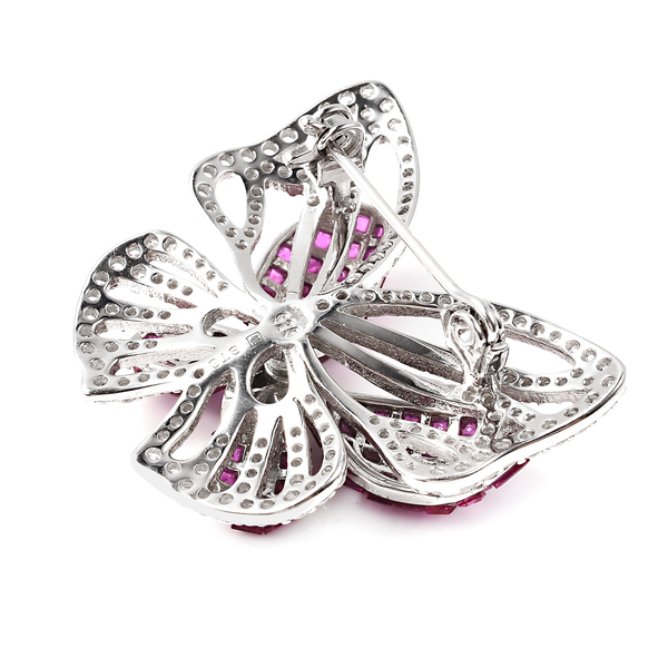 Lustro Stella - Mystery Setting Simulated Ruby and Simulated Diamond Butterfly Brooch in Rhodium Overlay Sterling Silver
