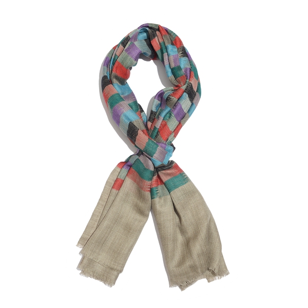 100% Cashmere Wool Light Beige, Red and Multi Colour Grid Pattern Scarf (Size 200x70 Cm)