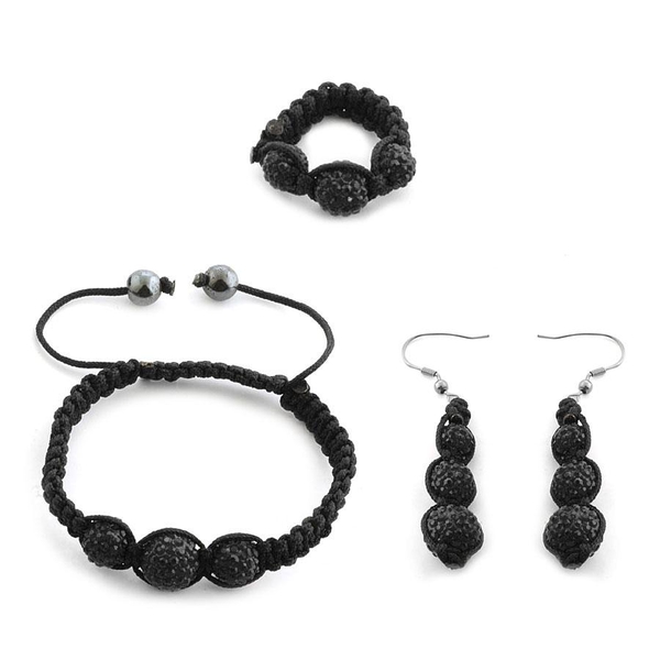 Hematite and Black Austrian Crystal Hook Earrings, Ring and Bracelet (Adjustable) 10.000 Ct.