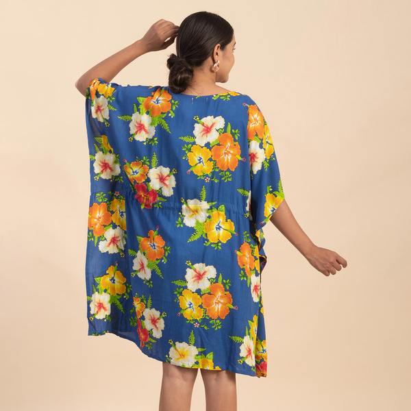 TAMSY 100% Viscose Floral Pattern Kaftan Top with Drawstring (One Size) - Blue