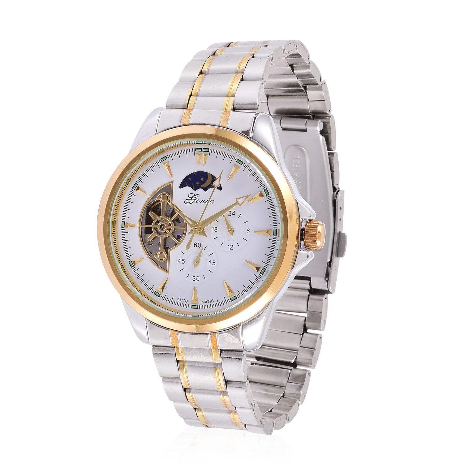 GENOA Automatic Skeleton White and Golden Dial Water Resistant Watch in Gold Tone with Stainless Ste