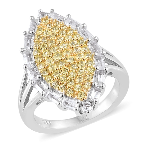 Chanthaburi Yellow Sapphire (Rnd), White Topaz Cluster Ring in Platinum and Yellow Gold Overlay Ster