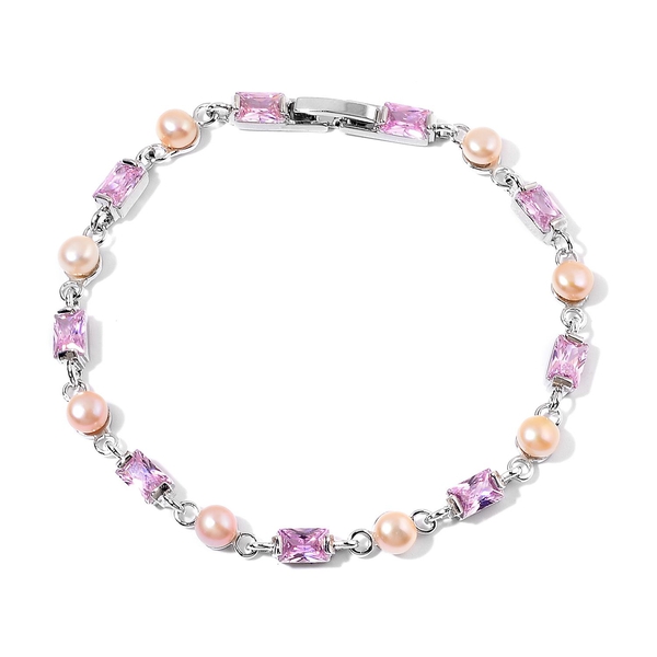 Fresh Water Pink Pearl and Simulated Pink Diamond Bracelet (Size 7.5) in Silver Tone