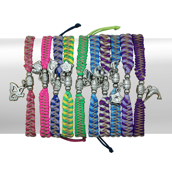 Set of 10 - Royal Bali Collection Multi Colour Hand Weaved Bracelet with Charm