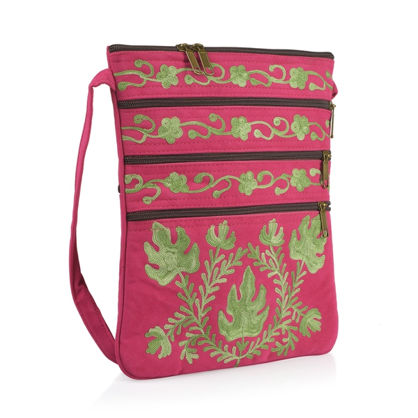 Green and Fuchsia Colour Hand Embroidered Floral and Leaves Pattern Sling Bag with External Zipper Pocket (Size 26X22 Cm)