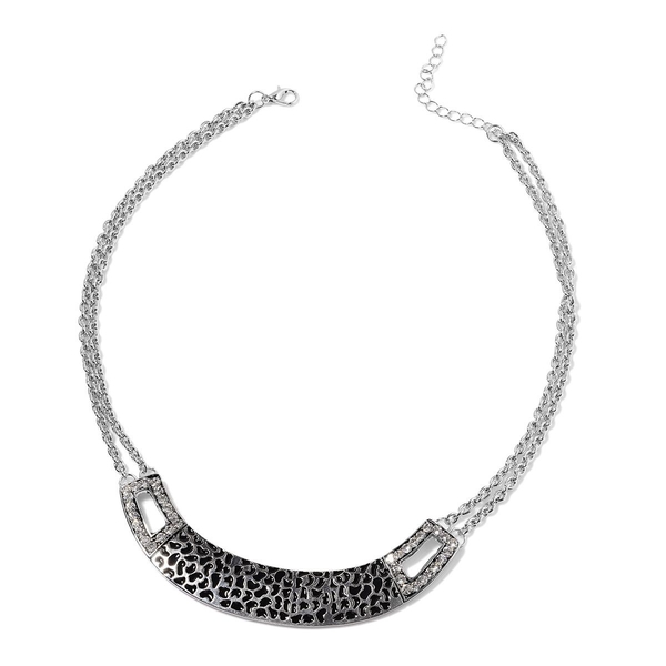 Black Enameled White Austrian Crystal Necklace (Size 20 with Extender) in Silver Tone