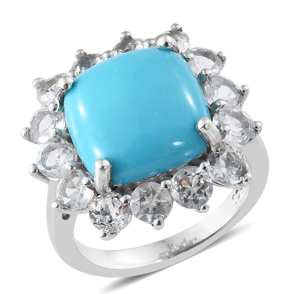 7.50 Ct Sleeping Beauty Turquoise and White Topaz Halo Ring in Platinum Plated Silver