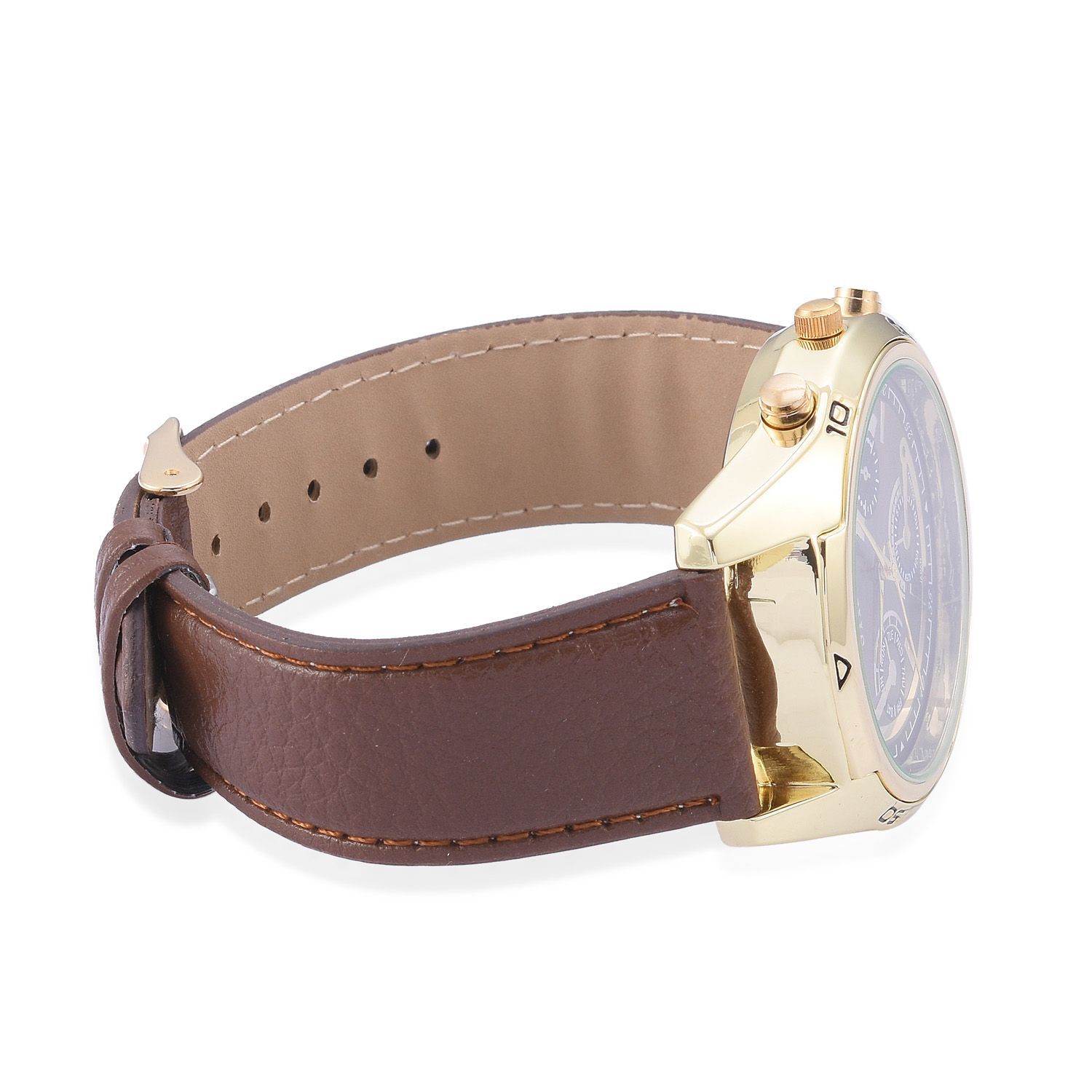 STRADA Japanese Movement Chronograph Look Chocolate Dial Water Resistant Watch in Gold Tone with Stainless Steel Back and Chocolate Strap