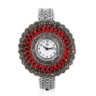STRADA Japanese Movement White Dial Grey Crystal & Simulated Garnet Studded Water Resistant Bangle Watch in Silver Tone