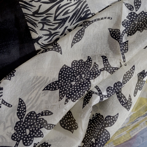 100% Mulberry Silk Black and White Colour Handscreen Floral and Zebra Printed Pareo (Size 180X100 Cm)