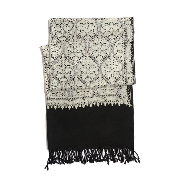 100% Merino Wool White Colour Mystic Sequins Embroidered Black Colour Scarf with Fringes at the Bottom (Size 200x70 Cm)