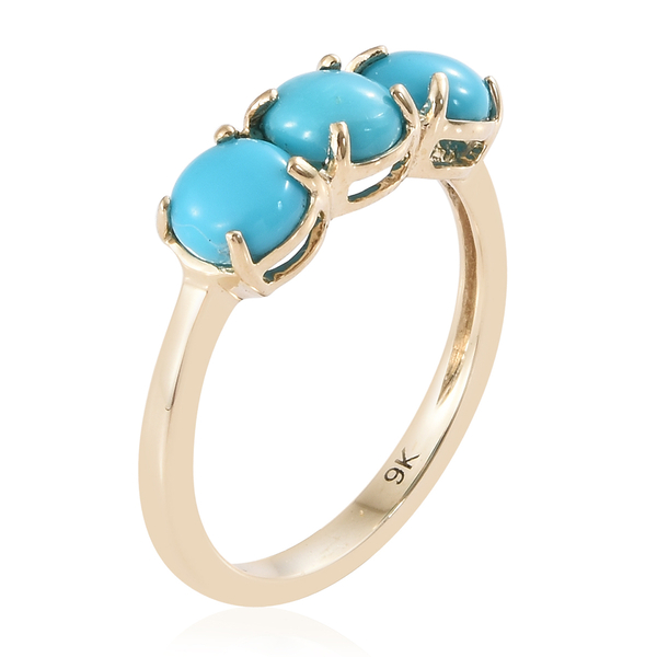Limited Edition- 9K Yellow Gold AAA  Arizona Sleeping Beauty Turquoise(Rnd) Trilogy Ring 1.500 Ct