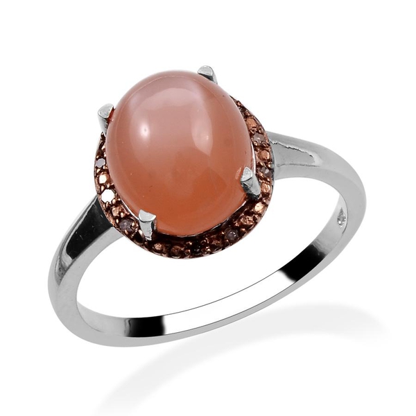 Mitiyagoda Peach Moonstone (Ovl 4.00 Ct), Brown Diamond Ring in Platinum Overlay Sterling Silver 4.0