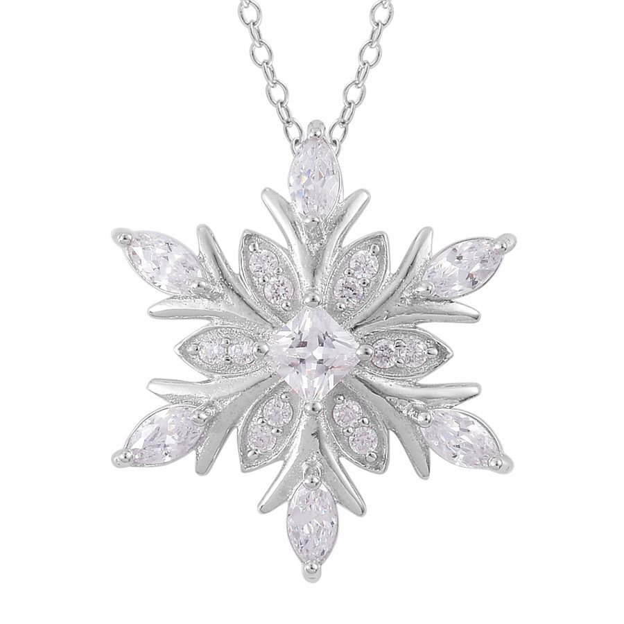 AAA Simulated White Diamond Snowflake Pendant With Chain in Platinum Overlay Sterling Silver