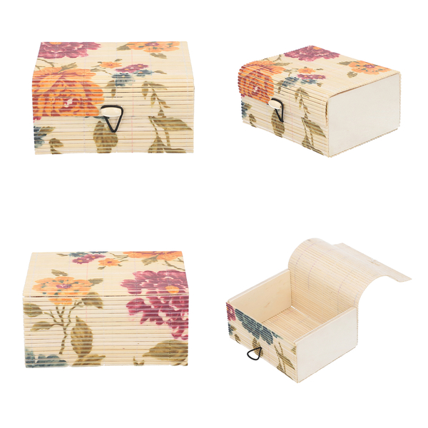 Set of 3 Floral Print Bamboo Organizer, Large (Size 12x9.5x6 Cm), Medium (Size 10x7.5x5.5 Cm) and Small (Size 8x6x4.5 Cm) - Cream