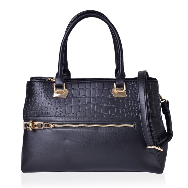Croc Embossed Black Colour Tote Bag with 2 External Zipper Pockets and Adjustable and Removable Shou