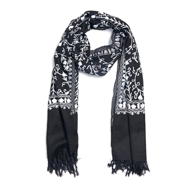 100% Merino Wool Embroidery Black Colour Scarf Size 200x70 Cm