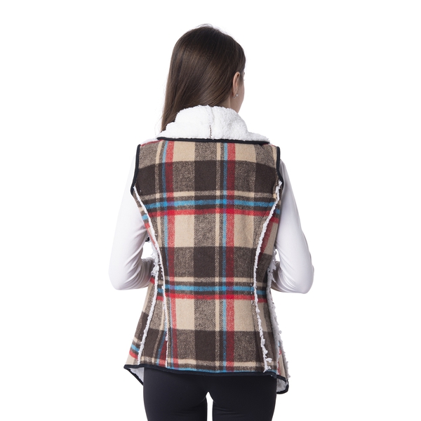 Sherpa Lined - Brown and Beige Colour Plaid Pattern Gilet (Size 70x47 Cm)