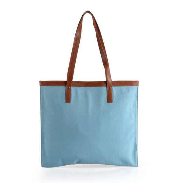 Laser Cut Pattern Chocolate and Sky Blue Colour Cotton Tote Bag (Size 41x36 Cm)