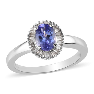 Tanzanite and Diamond Halo Ring in Platinum Overlay Sterling Silver 1.00 Ct.